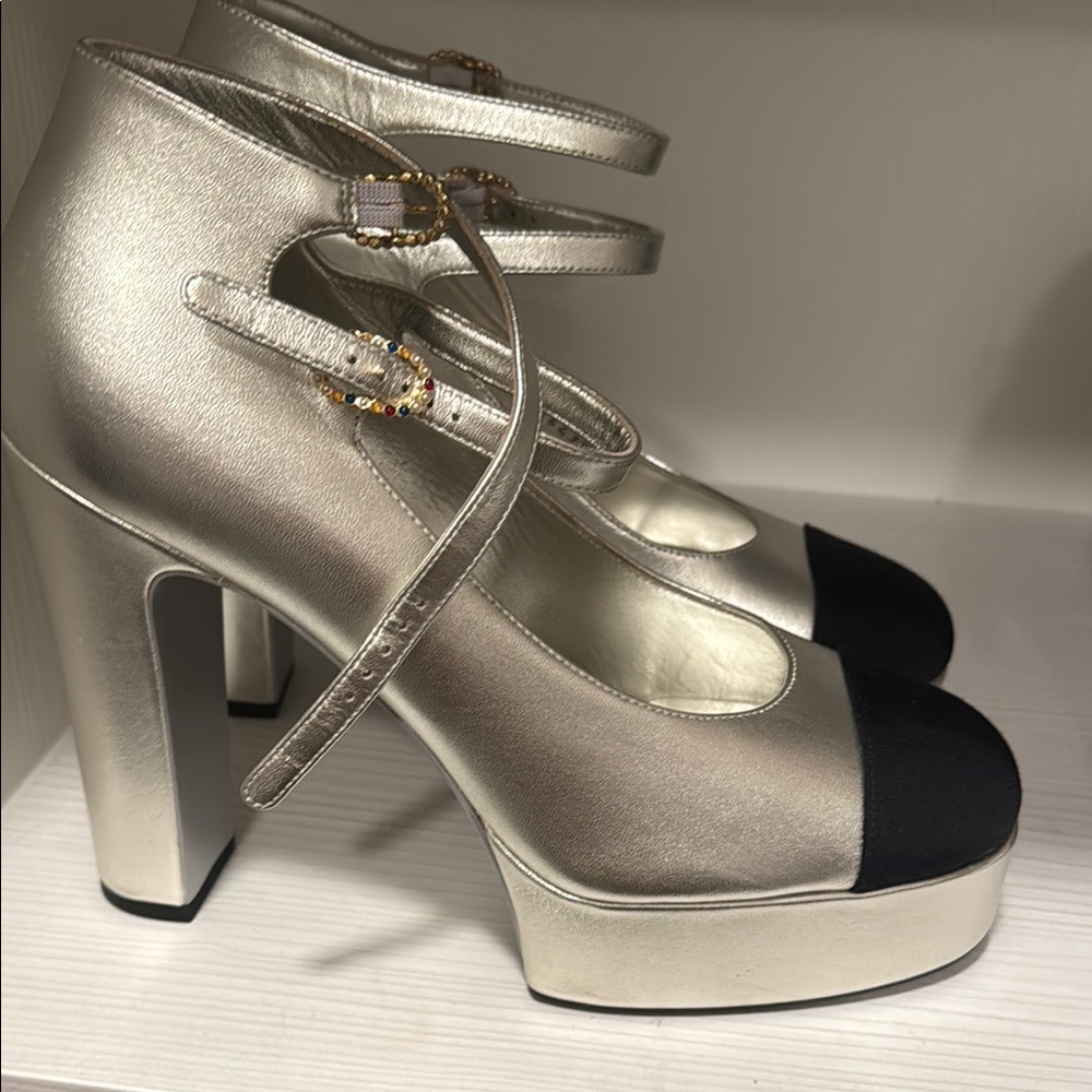 CHANEL Silver and Black Platform Shoes with Chunky Heel